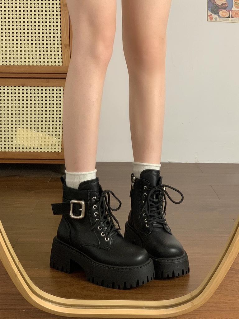 Women's High Heel Ankle Boots Round Head Square Heel Side Zip Women Boots Belt Buckle Four Seasons Leisure Smooth Fashion Shoes