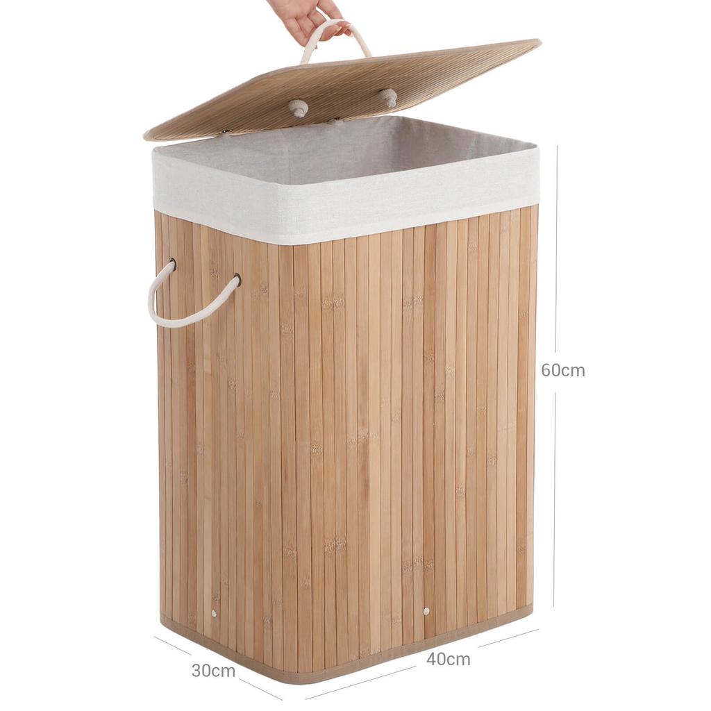 SONGMICS Bamboo Laundry Basket, XL Foldable Storage Hamper with Removable Washable Lining, 72L, 40 X 30 X 60 Cm, Natural