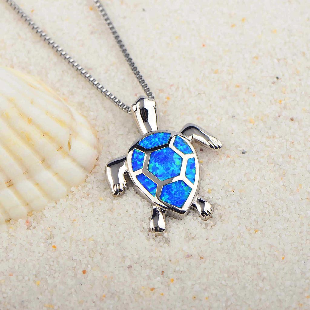 Aobao Blue Opal Turtle Necklace Chain Christian Silver Plated Women's Fashion Pendant Gift Jewelry