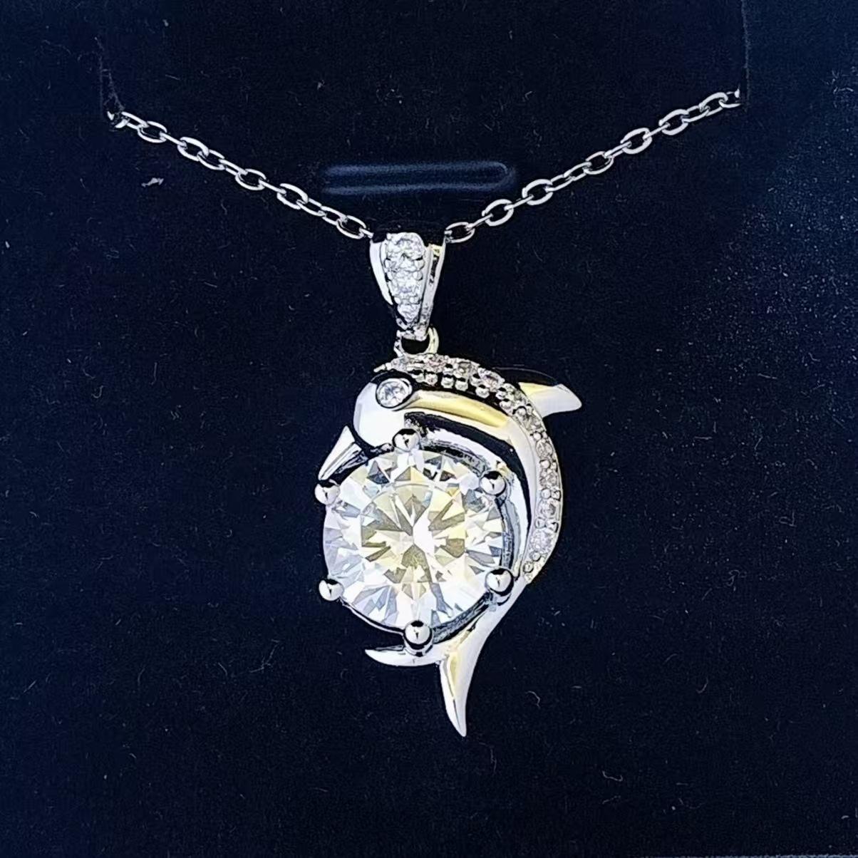 

Imitation 10Mm Zircon Dolphin Fish Pendant Necklace Femininity Premium Full Diamond Zircon Clavicle Chain Copper Gold Plated