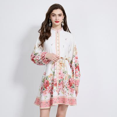 Spring Autumn Women Vintage Print Single Breasted Lantern Sleeve Mini Short Holiday Beach Dresses With Belt