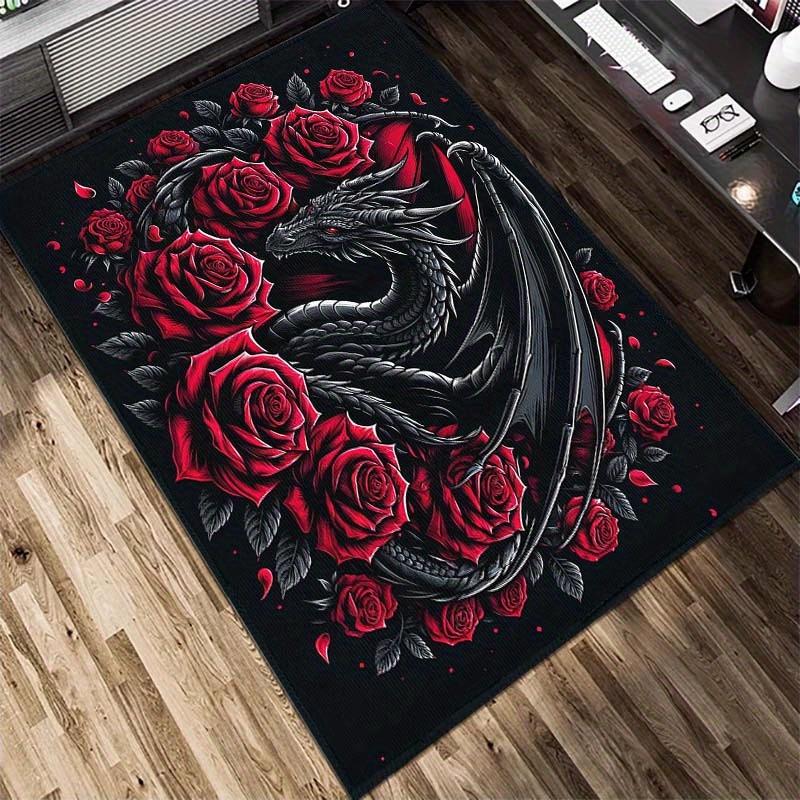 Dragon Rose Crystal Rug, 800gsm Velvet, Black Red Art Print, Elegant Office Decor, Large Floor Mat