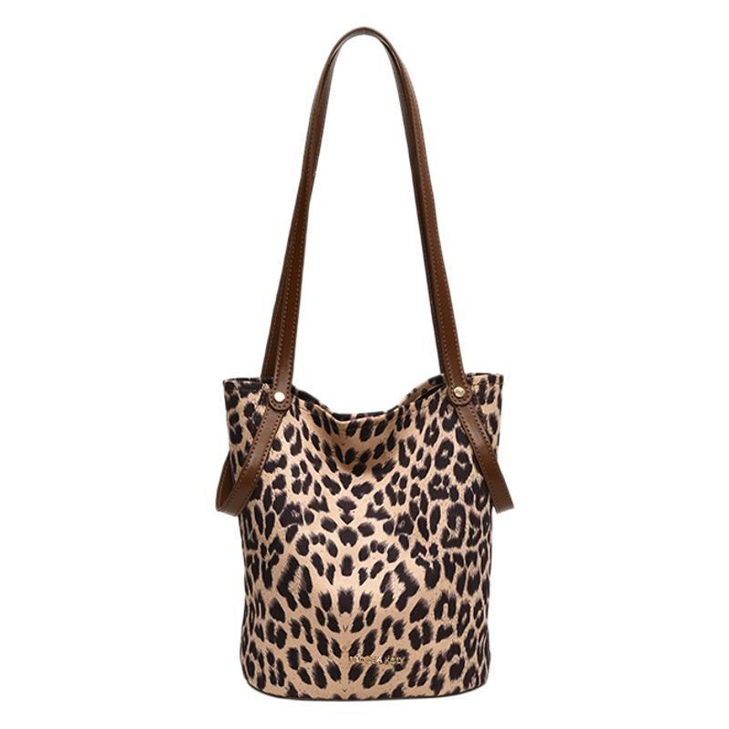 Ielgy Leopard Print Casual Large Capacity Bucket Bag Retro Casual Tote Bag Fashion One Shoulder