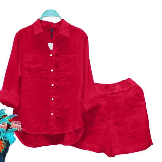 2 Pcs/Set Women Shirt Shorts Set Solid Color Loose Long Sleeves Elastic Waist Single-breasted Patch Pockets Irregular Hem Lapel Casual