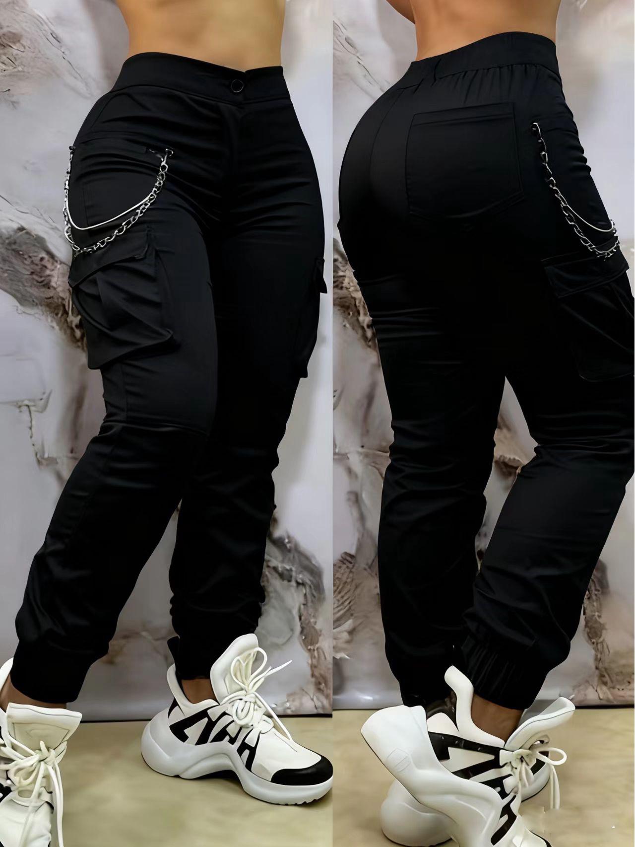 

Жіночі модні карго штани слім фіт з багатьма кишенями та еластичними манжетами M чорний