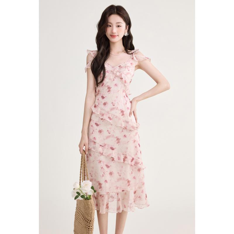 Women's French Retro Floral Spaghetti Strap Ruffle Dress - Petite, Summer Beach Vacation