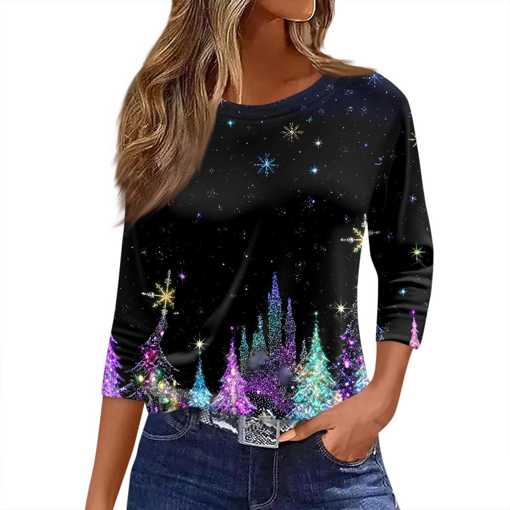Women's T Shirt Christmas Print 3/4 Sleeve Daily Weekend Fashion Basic Round Neck Regular Top