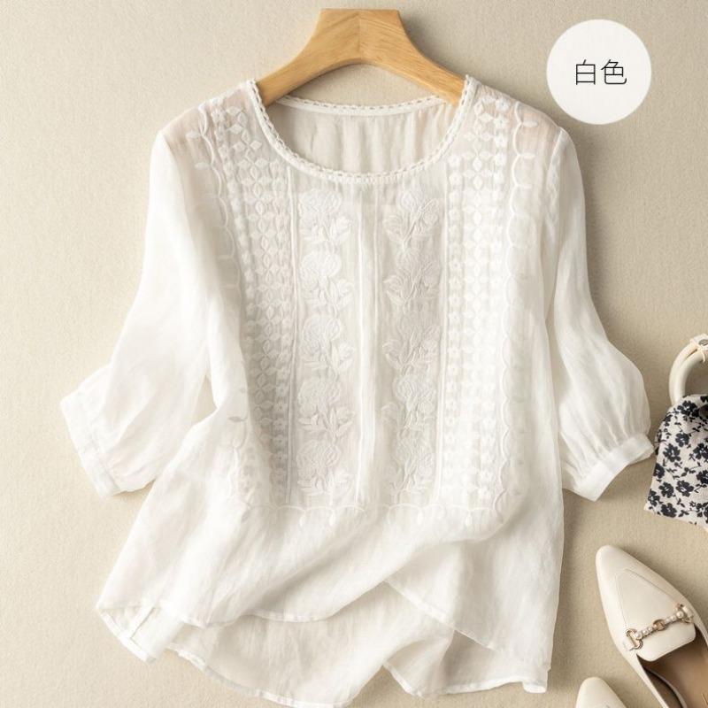 Top Traspiranti in Cotone e Lino Stile Retro per Donna Estate Nuovi Camicie Girocollo per Donna Ricamate Artistiche Sottili