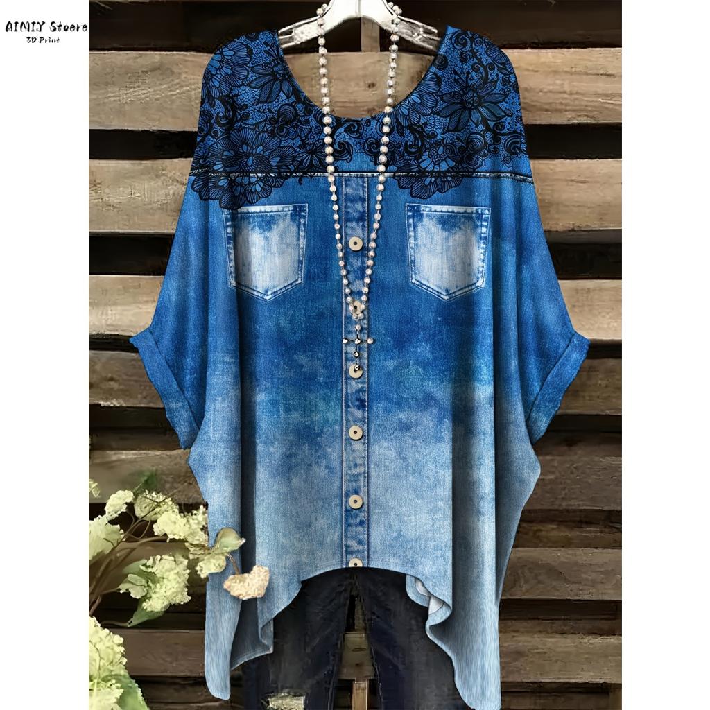 Imitation Denim All-Over Print T-Shirt | Casual Round Neck Short Sleeve Top with Frayed Hem Crisscross Back Detail Washable