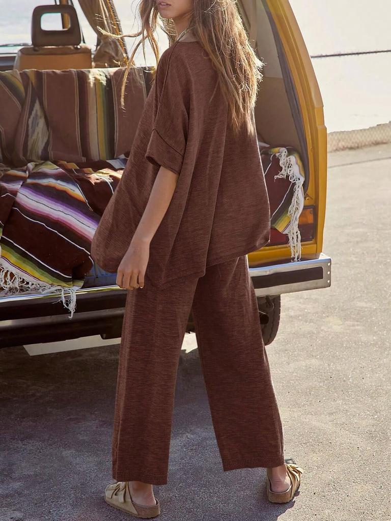 Women's Two Piece Travel Lounge Set Short Sleeve Knit Pullover and Wide Leg Pants Tracksuit