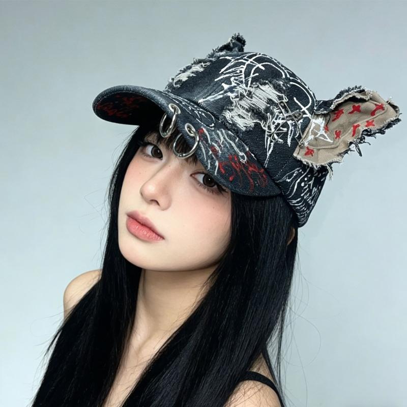 2000s Punk Baseball Cap With Animal Ear And Distressed Lookings Metal Rings Hat For Bold Fashion Statement
