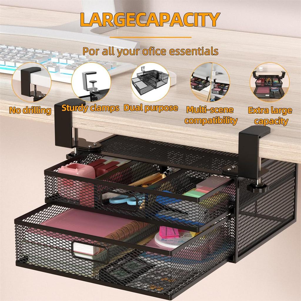 Under Desk Drawer Organizer, No Drilling Mesh Metal Hidden Under Desk Storage Drawer, Desk Organizer With 2 Tier Slide Out Drawer For Home And Office