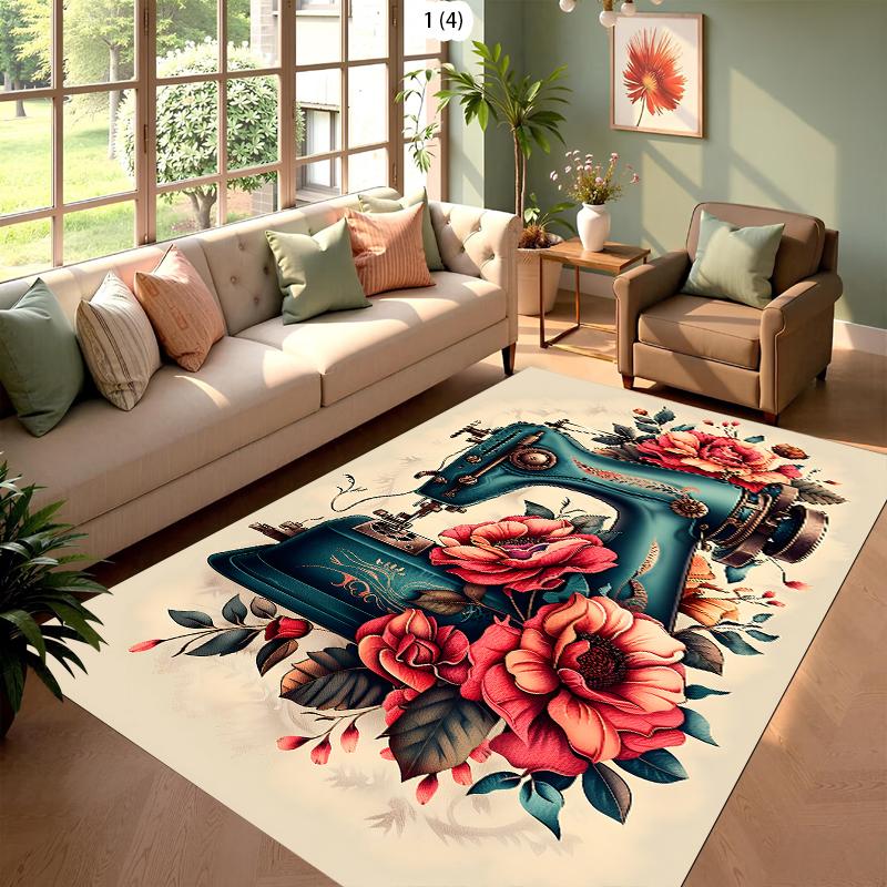 Sewing Machine Carpet Mat Rug Home Decoration Living Room Bedroom Floor Decor Vintage Scissor Thread Retro Style Non Slip Rugs