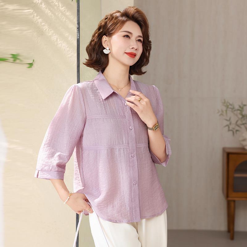 

2026 Spring/Summer Versatile Seven-Sleeve Shirt for Middle-Aged & Elderly Women - Simple, Solid Color Age-Reducing Top 3XL фиолетовый