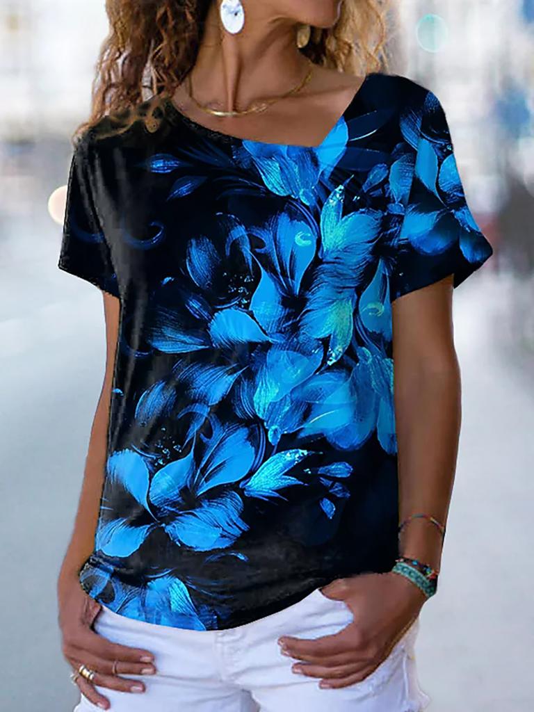 Women's Floral Theme Painting T Shirt Rose Floral Print V Neck Basic Tops Short Sleeve T-shirt XS-8XL/3D Printing
