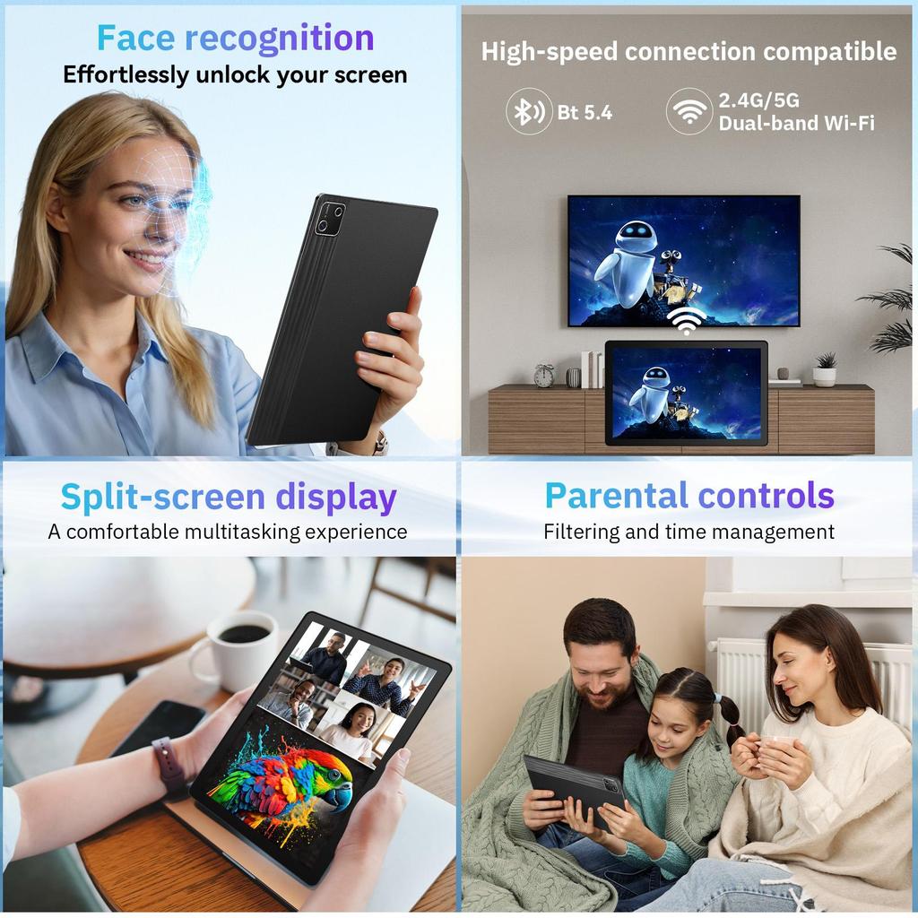 Android 15 Tablet, 10.1 Inch, 30GB+128GB, 6200mAh Battery, Keyboard Mouse Set, WiFi 6