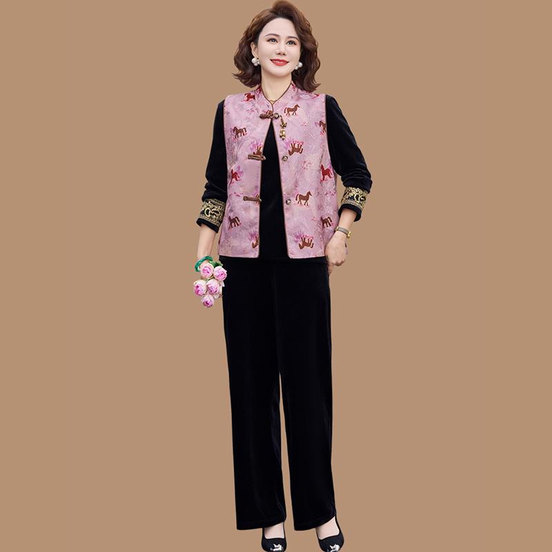 

Modern Chinese Spring Vest 3-Piece Set for Moms, Stylish 2026, for Middle-aged & Elderly Women, Perfect for Spring/Autumn 2XL (Approx. 105-120 Jin)