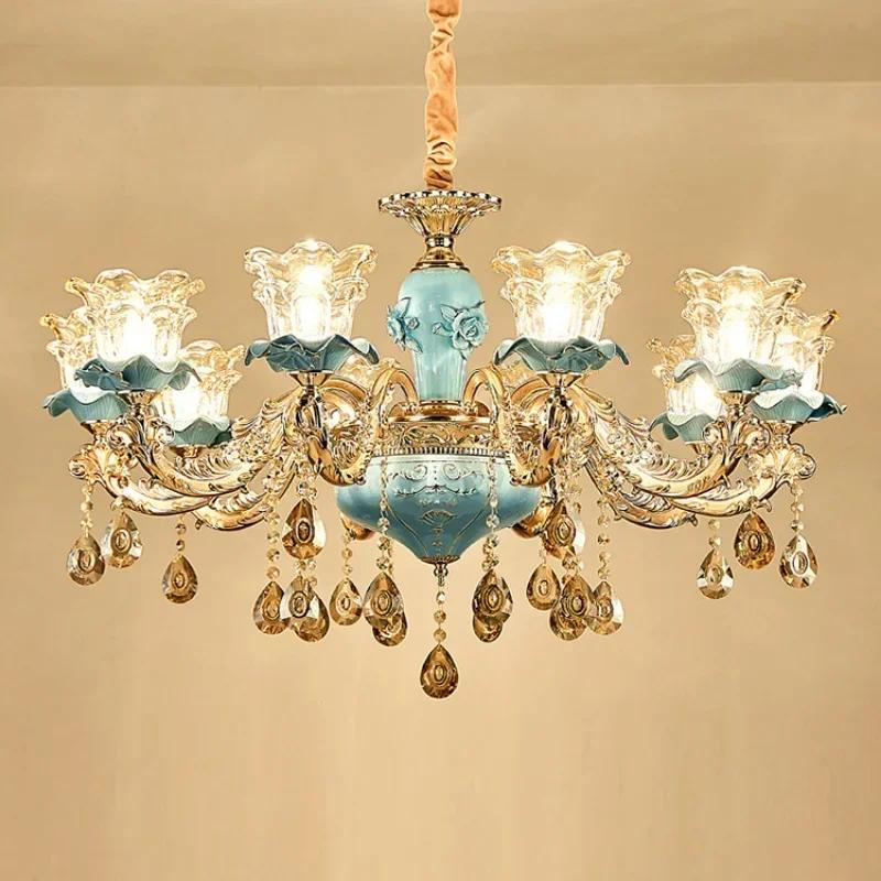 European Style Living Room Chandelier Home New Style Hall Simple Bedroom Restaurant Light Luxury Ceramic Crystal Lamp