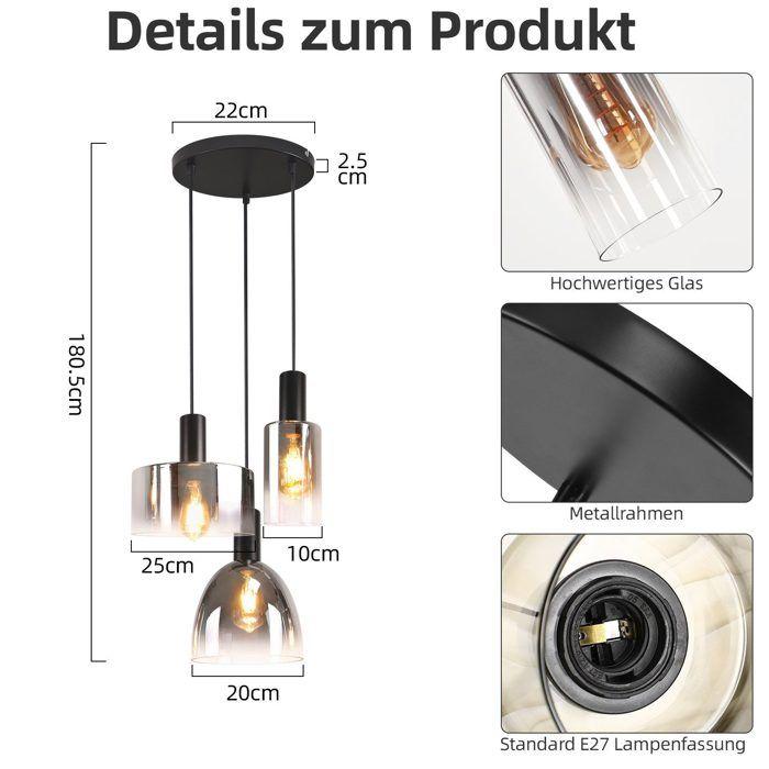 Lampe à suspension - NETTLIFE - 3x E27 - Verre fumé &amp; métal - Hauteur réglable - Noir