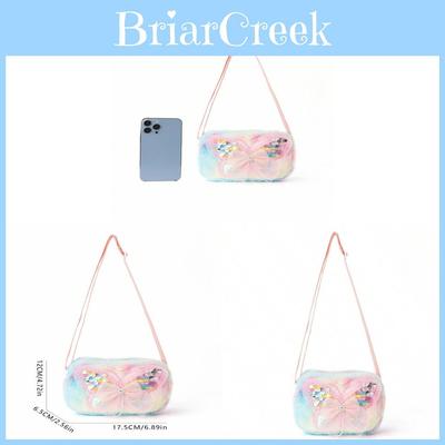 Kids Pink Butterfly Pattern Polyester Fluffy Shoulder Bag For School And Outings