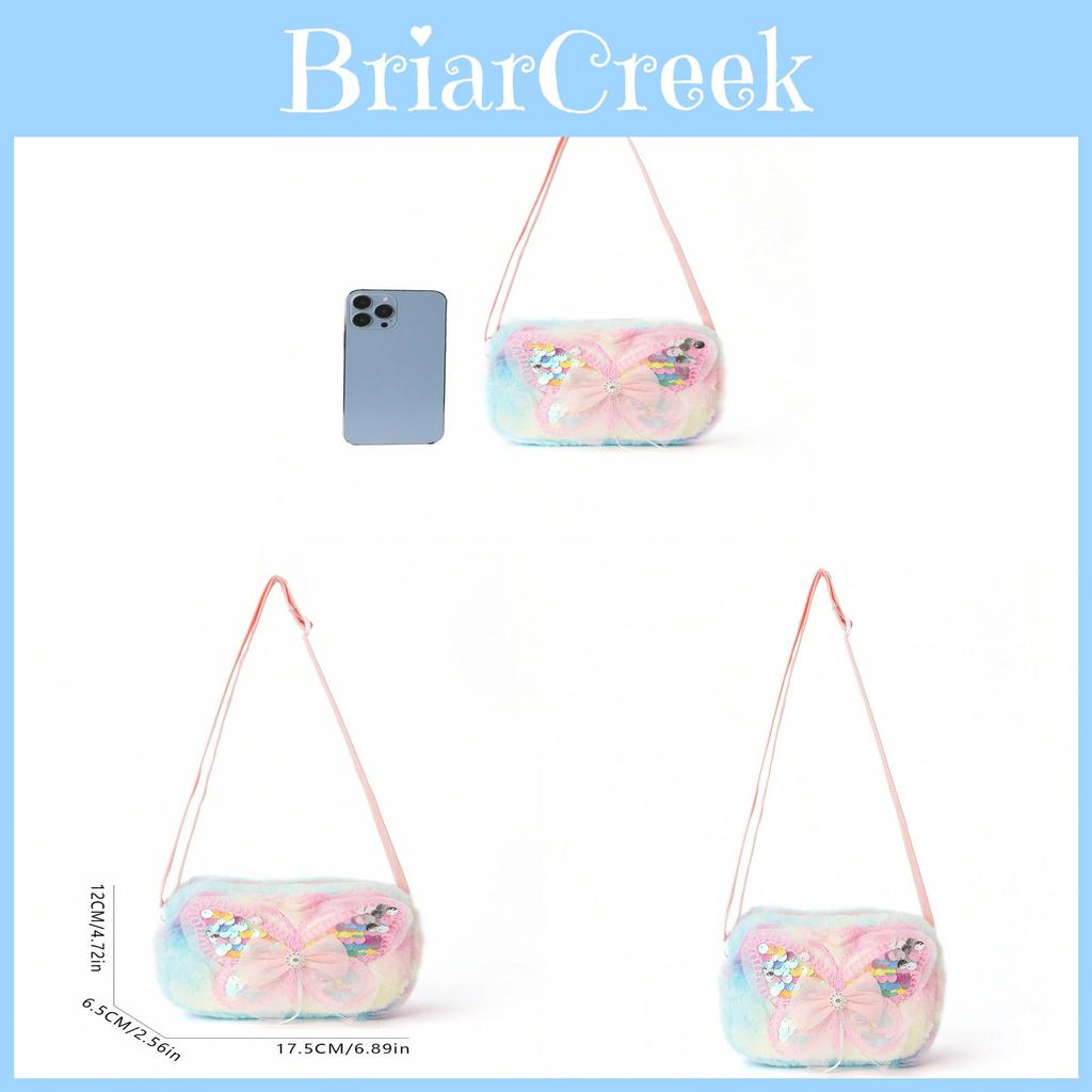 Kids Pink Butterfly Pattern Polyester Fluffy Shoulder Bag For School And Outings