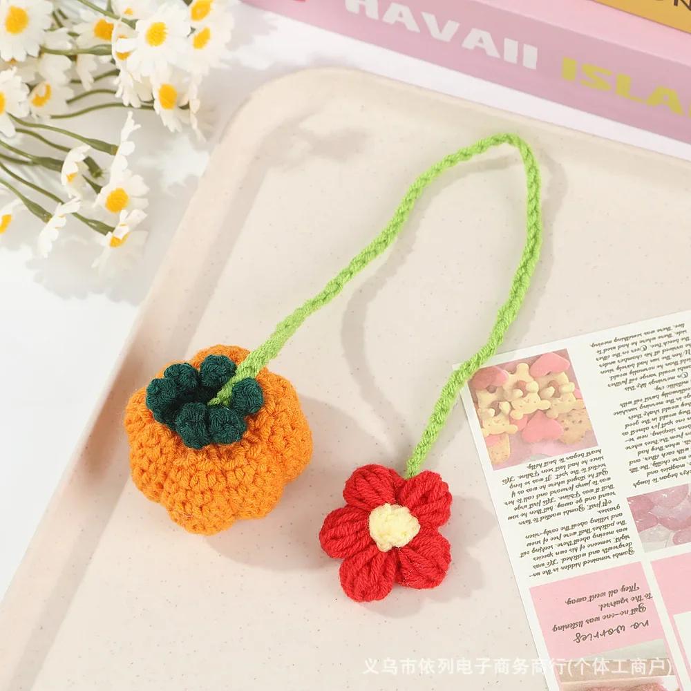 New Cute Handmade Flower Knitted Pendant Strawberry Crocheted Car Decoration Rearview Pendant Bag Key Mirror Ornaments Girl Gift