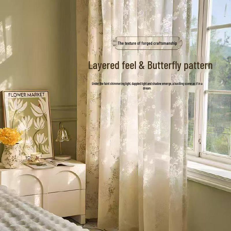 French Retro Lace Jacquard Blackout Curtains with Butterfly Design - Sheer White Style for Living Room & Bedroom