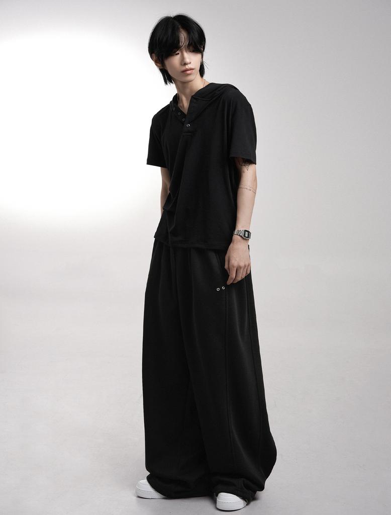 Lupeu Cross Eyelet Elastic Waist Wide Long Pants Black