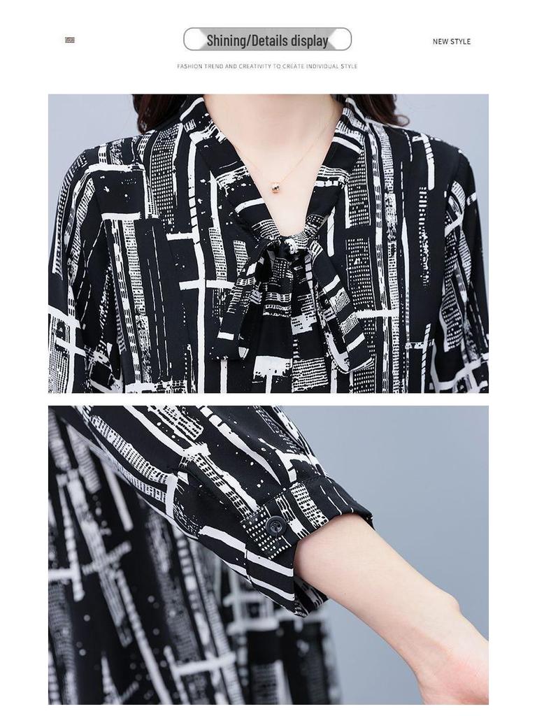 2024 Spring/Summer Chic Chiffon Shirt - Plus Size, Loose Fit, Three-Quarter Sleeves for Middle-Aged Women