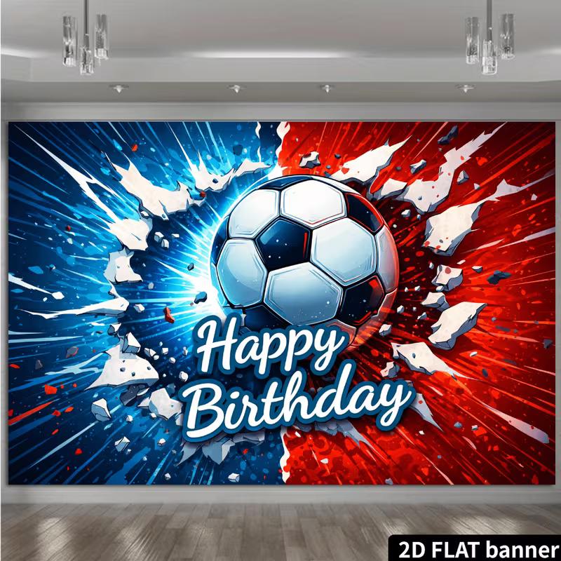 2D Kids Football Birthday Backdrop, Red Blue Burst Soccer Ball Decoration Background