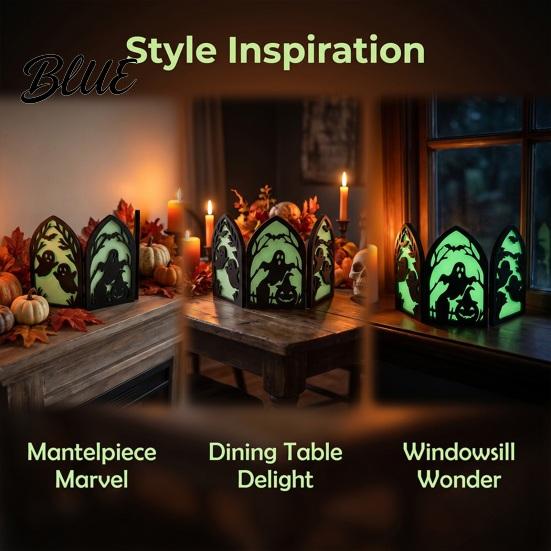 Halloween Mantelpiece Decorations Wooden Screen Ornaments Glow in The Dark Gothic Arch Eco-friendly Wood Art Decor No Assembly Atmosphere