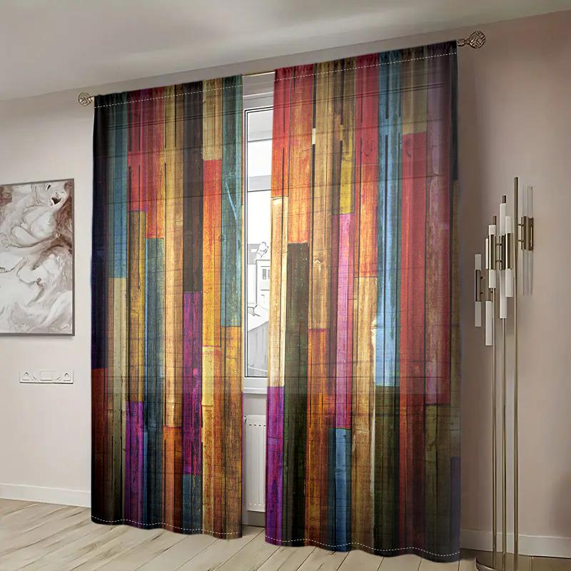 2 Pieces, Room Decoration Colored Wooden Board Printed Curtains, Living Room Bedroom Home Decoration Curtains