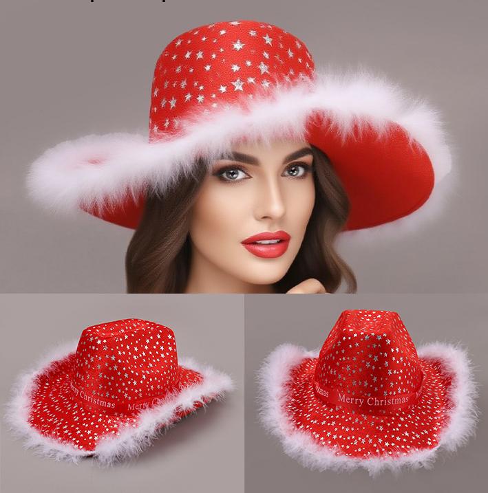 Red Christmas Cowboy Hat Santa Claus Decoration Holiday Party Props Wide Brim Cowgirl Hat Jazz Hat cowboy hat