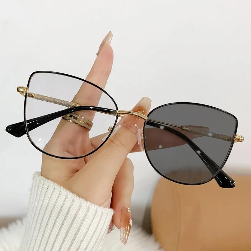 Cat Eye Metal Pochromic Glasses Glitter Anti Blue Light Glasses Retro Round Metal Frame Anti Blue Light Computer Glasses