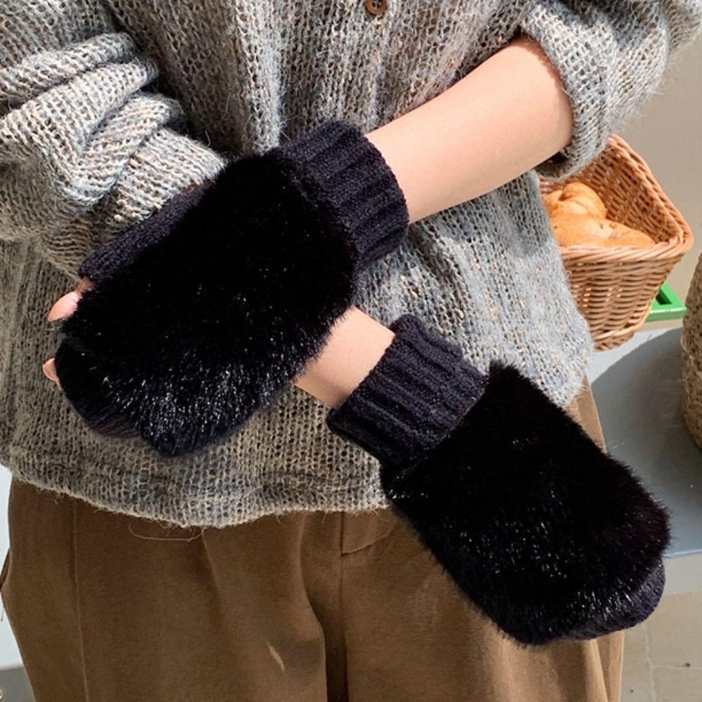 Warm Knitted Gloves Soft Plush Gloves Fashionable Half-Finger Gloves Women