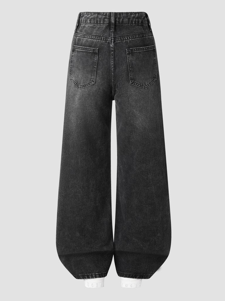 Teen Girls' Adjustable Waist High-Waisted Wide-Leg Jeans - Simple Design