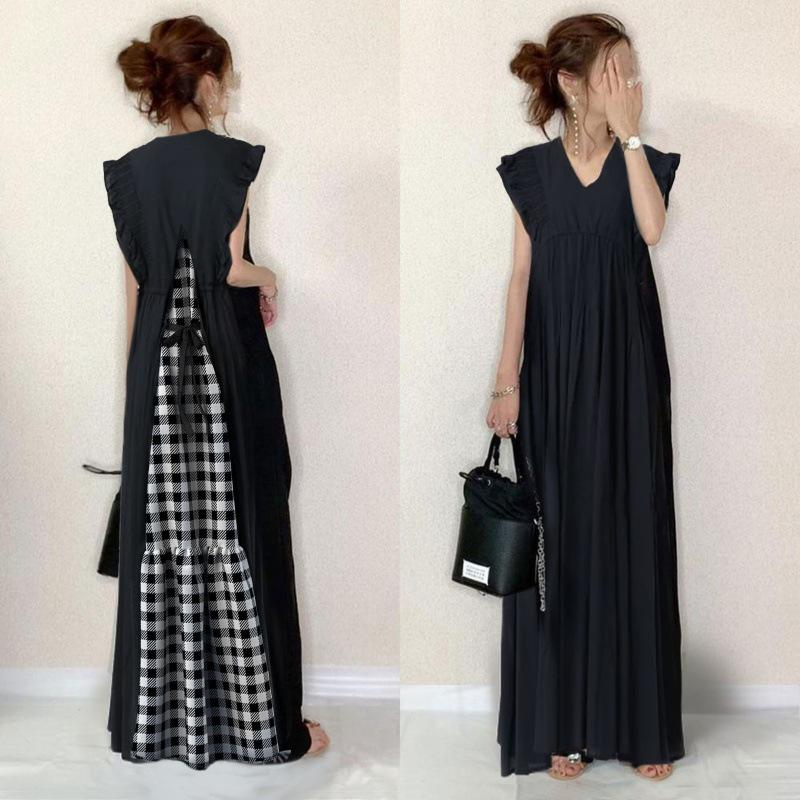 2024 Summer Women's V-Neck Dress with Back Tie, Gingham Patchwork, and Ruffle Cuffs
