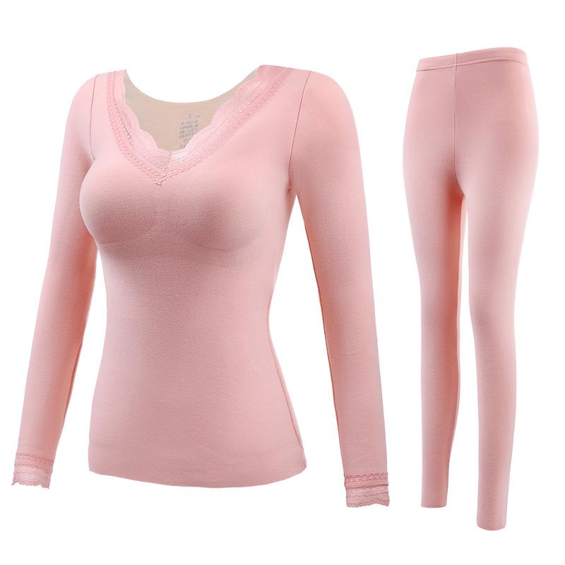 Women's Thermal Underwear Set with Chest Pads: Double-Layer Velvet, Warm, Bra-Free, Autumn/Winter.