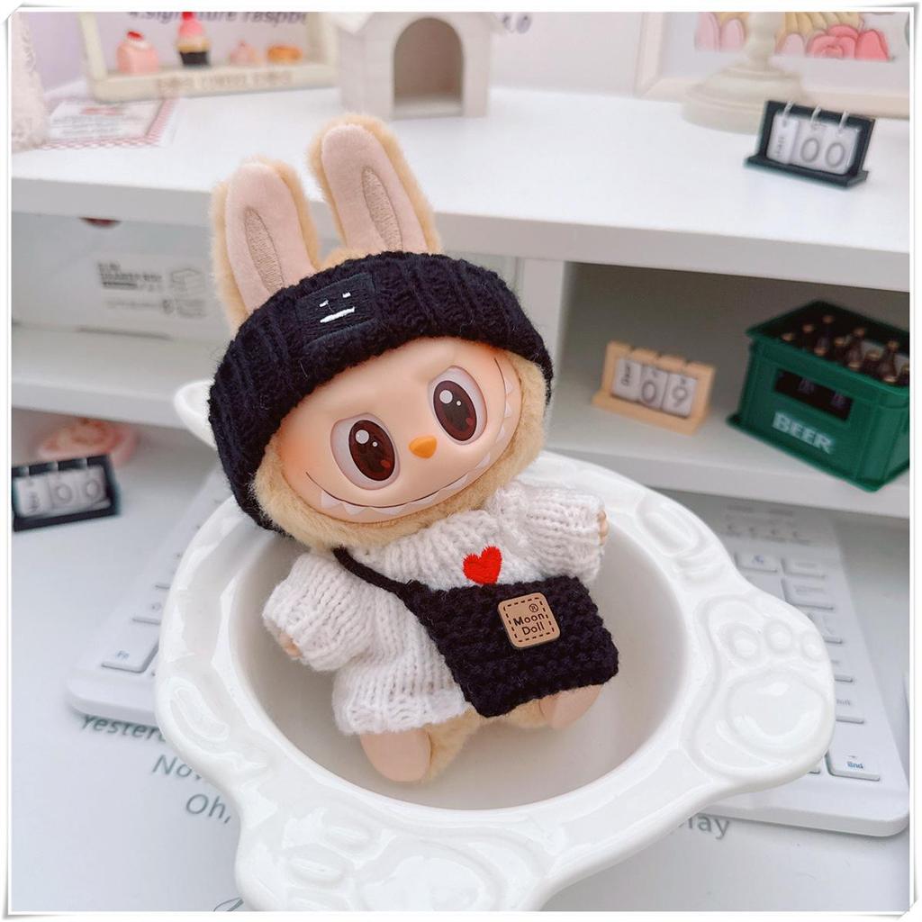 17cm Labubu Doll Clothes Set: Heart Sweater, Hat, Crossbody Bag - First & Second Generation.