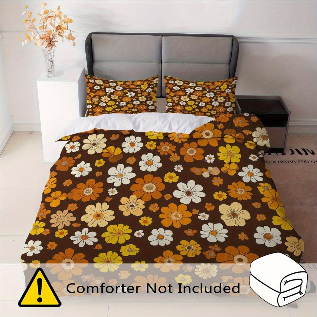 3Pcs Retro Floral Duvet Cover Set,Brown Orange Flower Print Polyester Bedding With Pillowcases,Machine Washable All Season