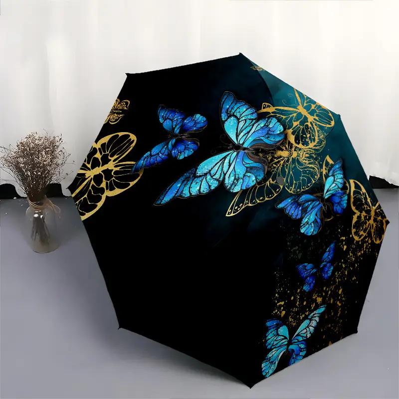 Automatic Open/Close Umbrella with 8-Rib Sturdy Frame, Automatic Folding Mechanism & Blue & Golden Butterfly Design - Compact