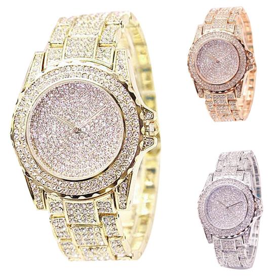 Women Luxury Full Shiny Rhinestone Round Quartz Movement Wrist Watch Bracelet
