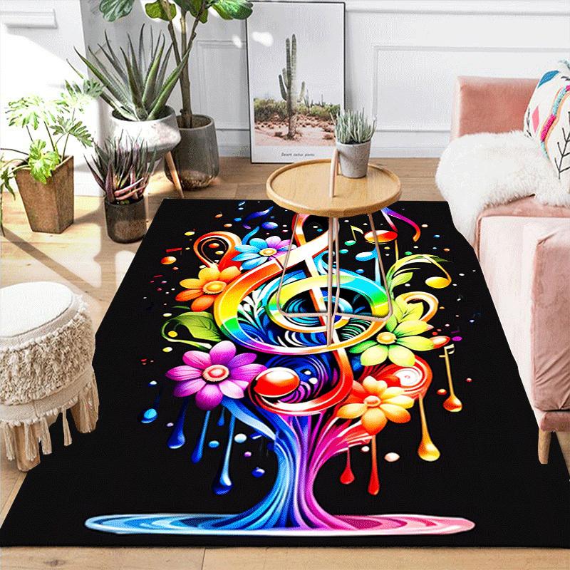 1pz Tappeto da Interno con Stampa di Fiori e Note Musicali, Design, Morbido, Antiscivolo e Durevole, Decorazione per Stanza dei Giochi, Camera da Letto, Soggiorno ed Ex