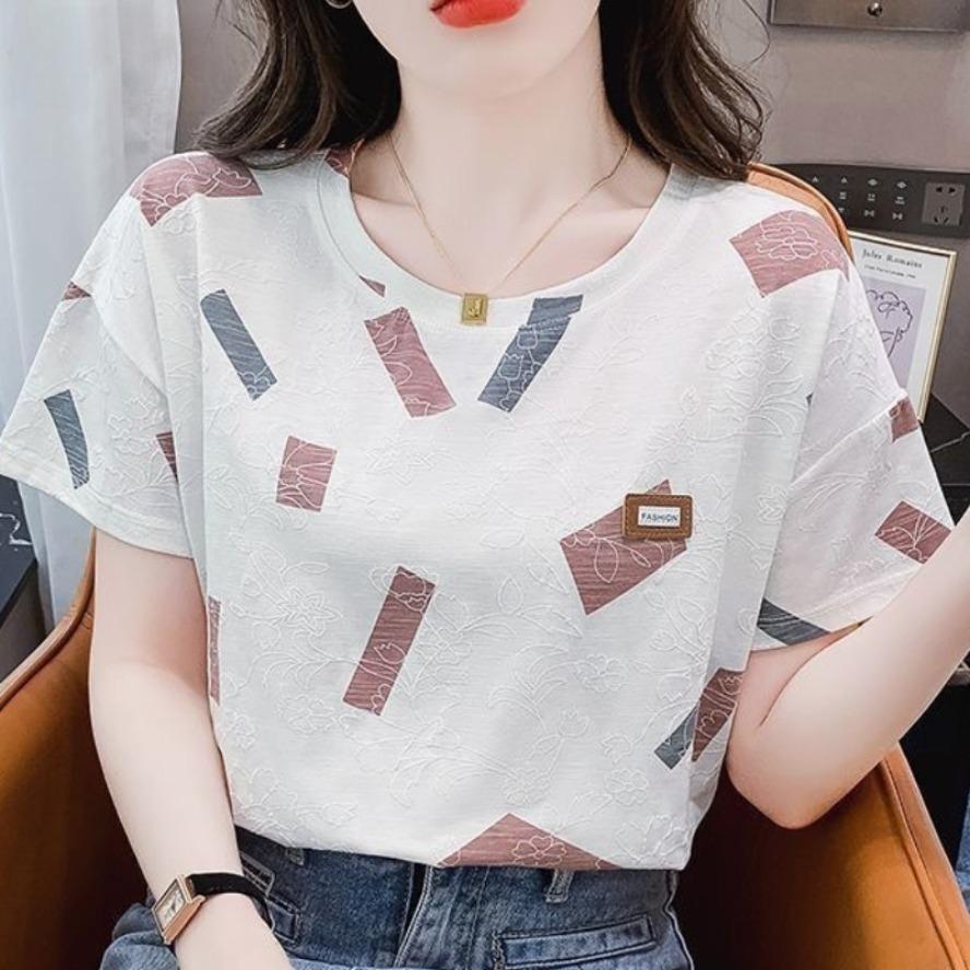 Women's Fashion Casual Summer Spring Geometric Print Short Sleeve O-Neck Blouses & Shirts