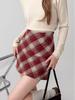 Women's Red Vintage Plaid Wool High-Waisted A-Line Hip-Wrap Skirt - Spring/Summer 2026