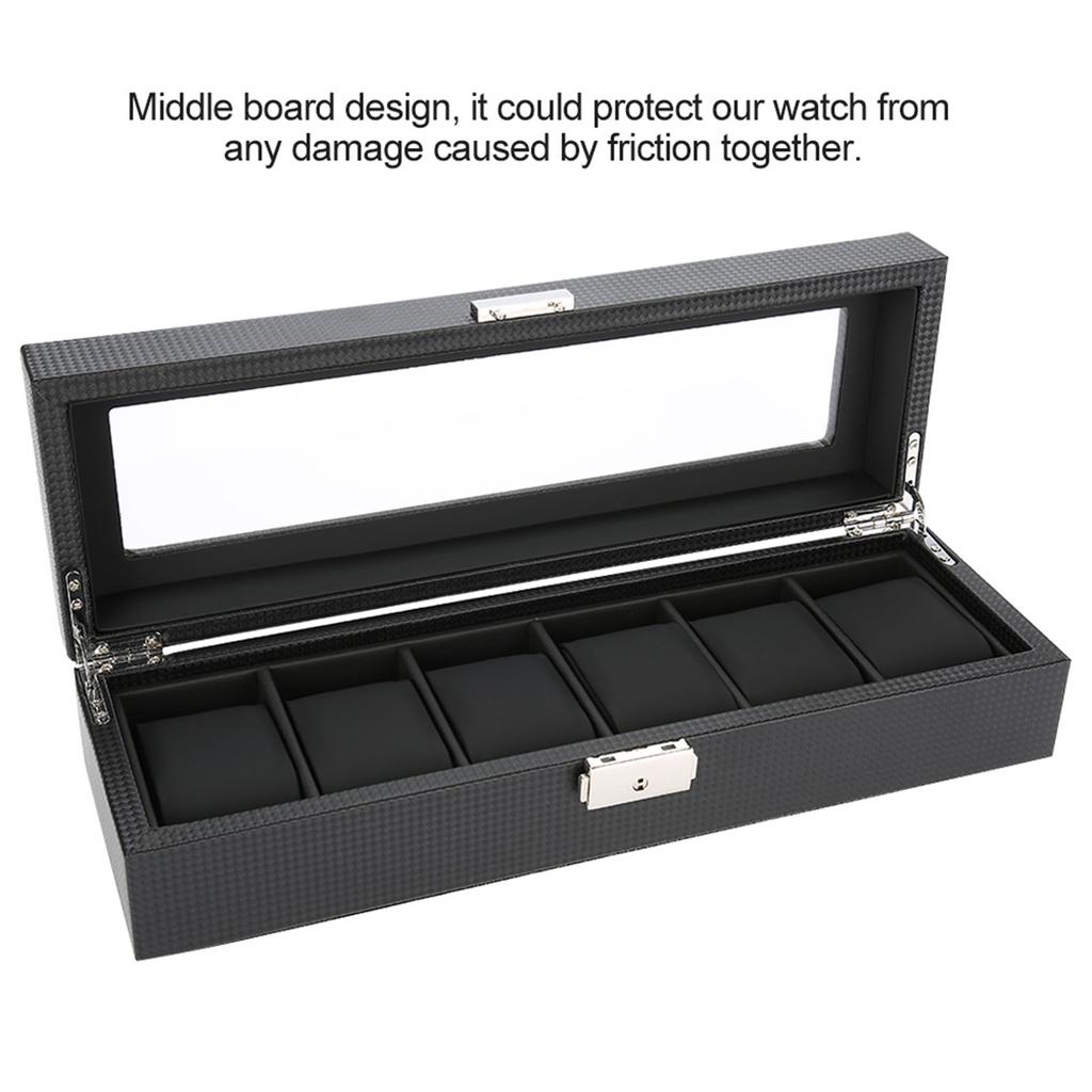 Watch Gift Box, 6 Grid PU Carbon   Lther Watch Case Watch Box