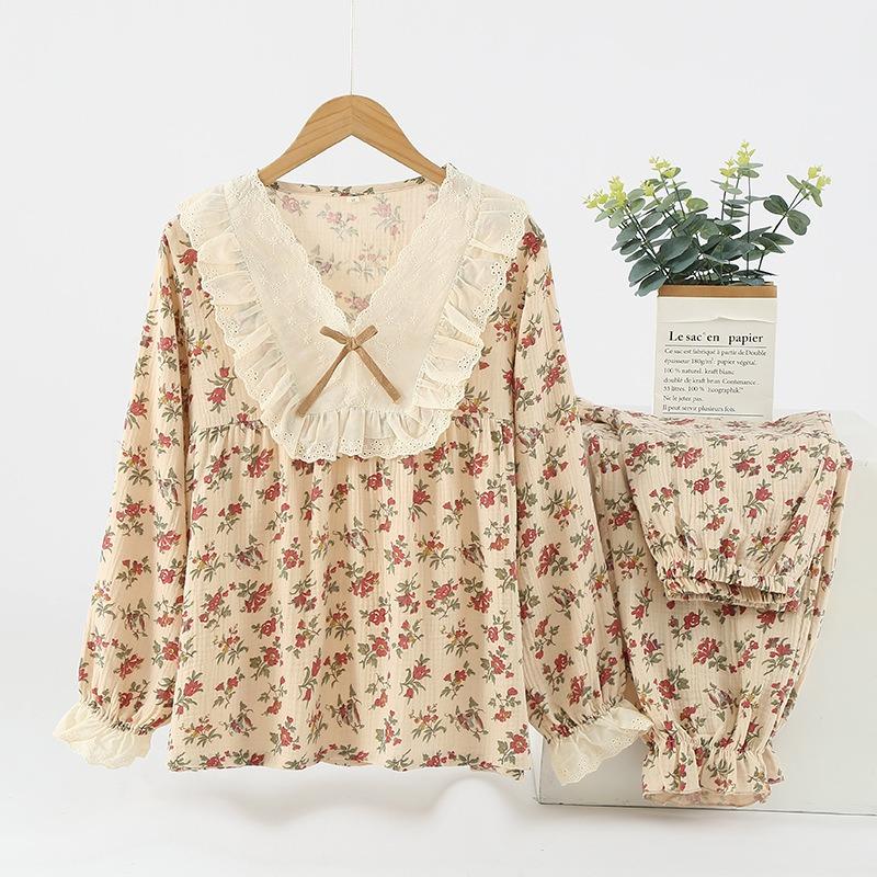 Women's Sweet Pajama Set Full Sleeve Comfort Top Long Pants Sexy Lace Accents Princess Bow Flower Print Elegante Pajamas