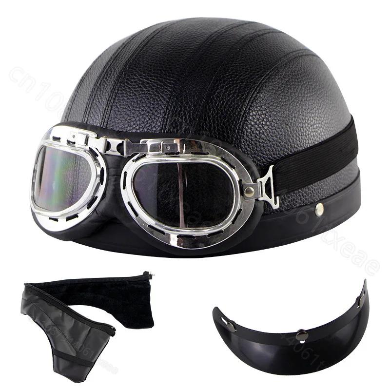 Motorcycle Leather Helmet Retro Personalized Summer Helmet Four Seasons Fashion Half Helmet Windproof Gift Mirror