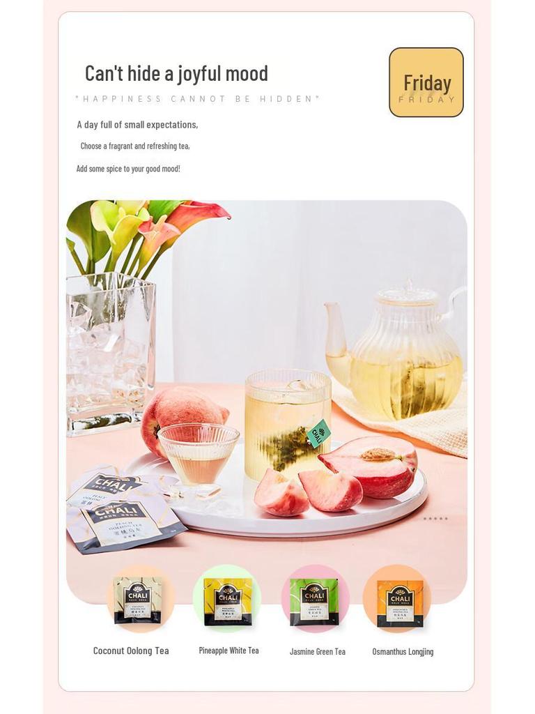 CHALI T30 Cha Duo Herbal Tea Box: Peach Oolong, Osmanthus Black, and Bagged Fruit Herbal Tea.