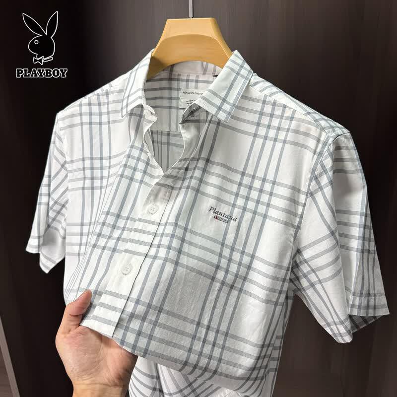 PLAYBOY Men s Cotton Blend Plaid Short-Sleeve Casual Shirt 2XL
